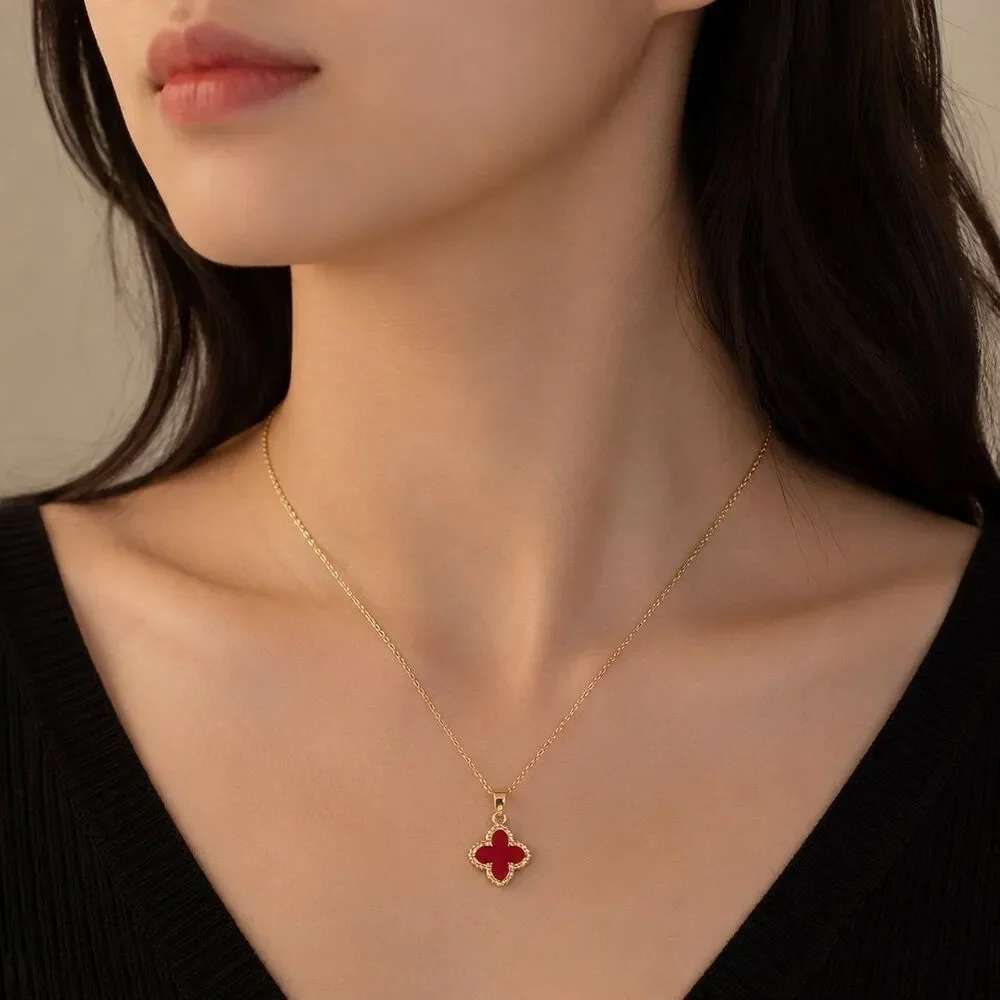 Red Clover Pendant Necklace Gold Tone Minimalist Necklace
